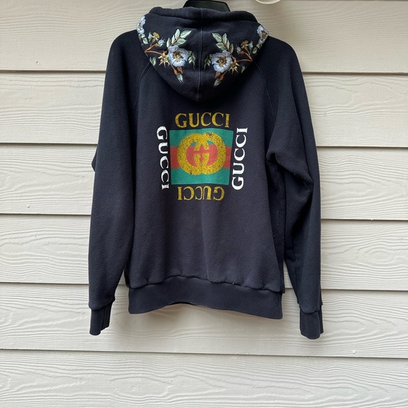 Gucci Black & Multicolor Floral Embroidered Cotton Zip-Up Hoodie - Picture 7 of 14